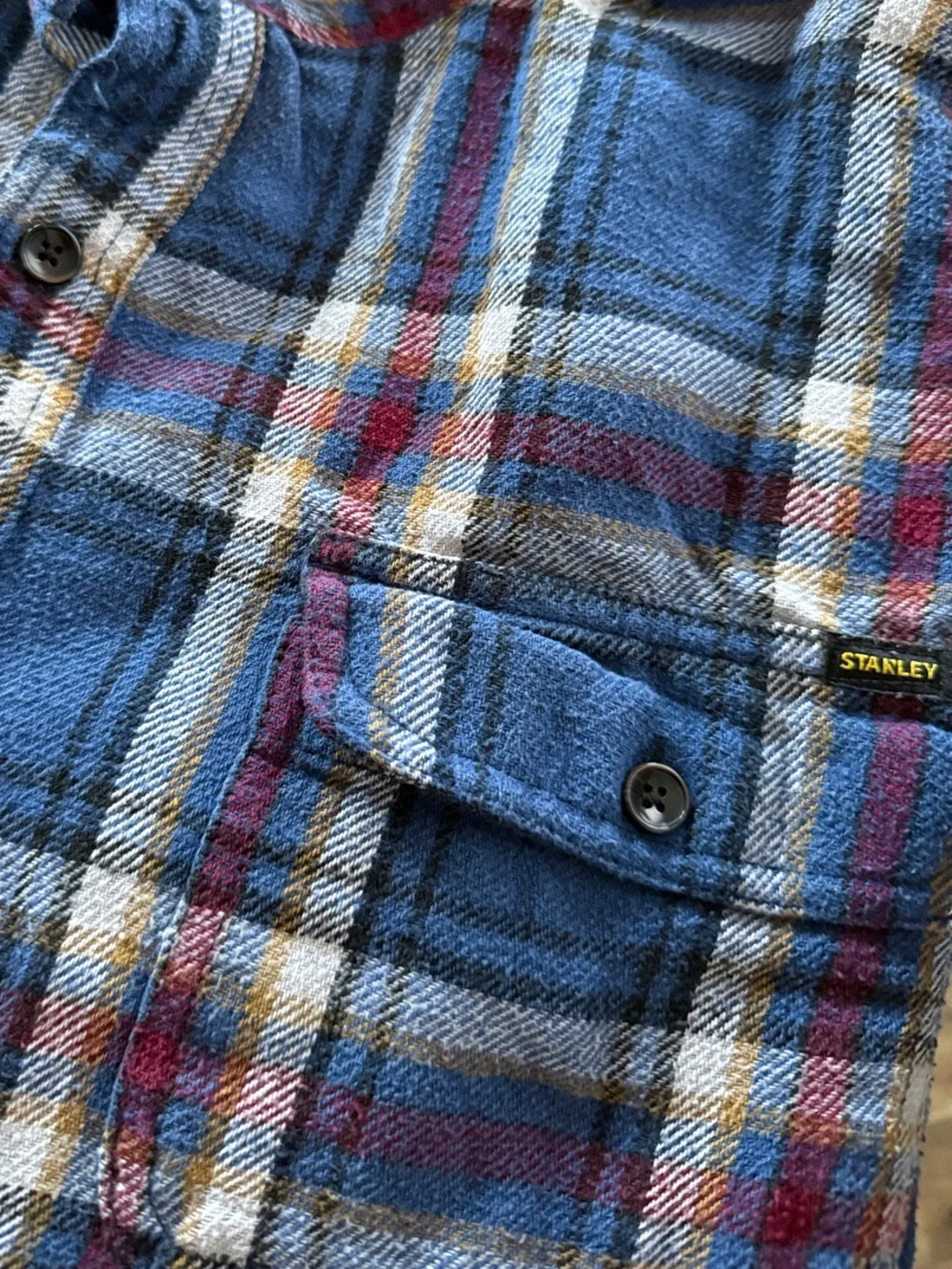 Stanley Blue Plaid Button-Down Shirt with Red and White Accents